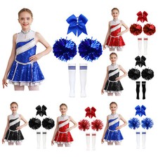Girls Sparkle Sequins Cheerleading Dance Dress Cheer Leader Carnival Costume Set