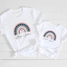 Kids Girls Love Big Little Sister T-Shirt Cute Rainbow Heart Matching UK Tee Top