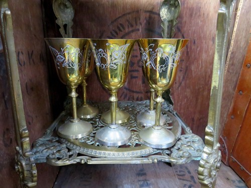 Six brass goblets engraved - six,