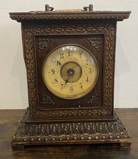Antique Junghans Carved Wooden Mantle Alarm Clock With Key. Spares/repair