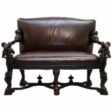 1850 PALATIAL VENETIAN CARVED WALNUT LEATHER BENCH VALENTINO PANCIERA BESAREL