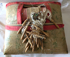 Vintage French Hand Made Antique Lace Making Roller Pillow Chart and Bobbins