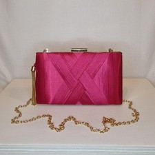 Fuschia Pink Ruched Satin Tassel Embellished Hard Case Evening Clutch Bag