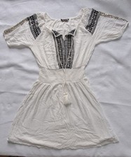 BIBA white Shirred Waist Dress, Size 10, Embellished Front & Sleeves, Tie Front