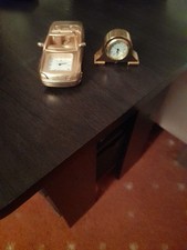 Gold Tone Minature Clock and Car Clock Quartz Battery Operated