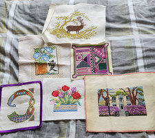 Finished cross stitch embroidery, 6 large pieces, floral etc.