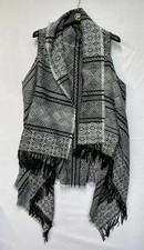 Black & Grey Geometric Sleeveless Waterfall I Vest poncho with Tassels