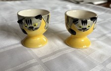 Two Vintage Cats Yellow Egg Cups with a Comical Cat Design Cute Fun Novelty  