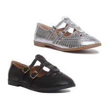 Womens Ladies T-Bar Cut Out Shoes In Black Or Silver Size UK 2- 8