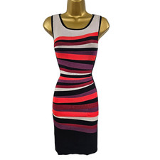 Karen Millen Vintage 2 UK 10 Black Multi Stripe Bodycon Bandage Knit Mini Dress
