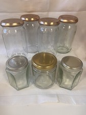 7 Empty Jam Jars Clear Clean Glass Inc lids Chutney Craft Storage Wedding (G1)