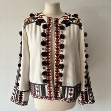Zara Cream Multicolour Embroidered Embellished Boho Jacket Pom Poms Size L 12 14