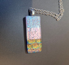 Handmade Rectangular Fused Dichroic Blue Pink Glass Pendant 925 18" Silver Chain
