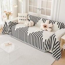 2 Seater Corner Sofa Cover L Shape Tassel Soft 180x260cm Chenille Striped Black