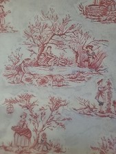 Vintage Cotton Toile Fabric Red  White With Blue Harvest Scenes 3.5 yards X 45"