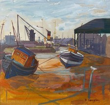 P Longley Signed Original Watercolour Painting Harbour & Boats, Yorkshire Coast
