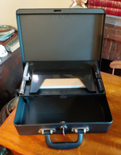 Vintage Lockable Metal Helix Cash Box & Receipt Book & Pens 30 X 23 X 9 Cms