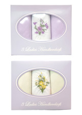 Ladies Cotton Rich Handkerchiefs 3 Pack Of Hankies in Gift Box Set Purple/Lemon
