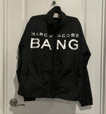 Marc Jacob Bang Womens Windbreaker Jacket Black Zip Pockets Mock Neck Spellout L