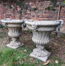 Gorgeous Pair Urns Large Stone Cast Urn Vases,  Ring Handles Garden Plant Pots