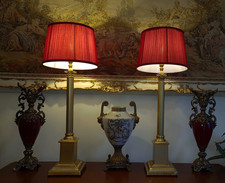 Pair - Large Corinthian Column Antique Georgian Style Table Lamps + Lampshades