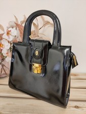 DAVID JONES BLACK HANDBAG PATENT LEATHER GOLD TRIM CLASP FASTEN WOMENS SMART BAG