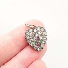 Antique Suffragette 9ct Gold Heart Pendant Necklace Solid Silver Diamond Paste