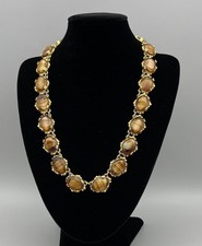 Vintage Faceted Faux Agate Necklace Gold Tone Oval Glass Stones Adjustable Lengt