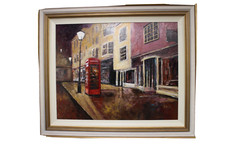Timmy Mallett, oil on board Night time phonebox townscape by a street lamp large
