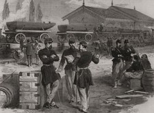 The war: French military train of boats for pontoon bridges. France 1870 print