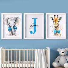 Safari Animals Boys Nursery Bedroom Prints Personalised Name Framed Wall Art