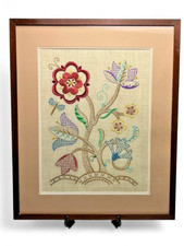 Framed Crewel Embroidery Artwork Floral Design on Linen 65x54cm Vintage/Antique