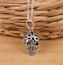Solid 925 Sterling Silver Gothic Skull Pendant Necklace Curb Chain Gift Boxed