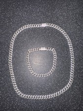 Chain and Bracelet Set Stainless with Mini Glass Diamonds Lovely Set of 2 Men