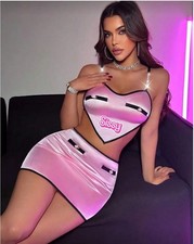 sissy Fantasy Costume 3pcs Set Sexy Pearl Chain Heart Design Bodycon Skirt Ling