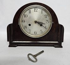 Antique Art Deco Style Wooden Two Train Striking Mantel Clock with Key, EXC COND