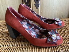 RUBY SHOO RUST ORANGE FLORAL LINED PEARL BOW DETAIL BLOCK HEEL COURT SHOES UK 6