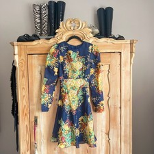 Women's True Vintage 70s Navy Floral Long Sleeve Vera Mont Paris Dress XS