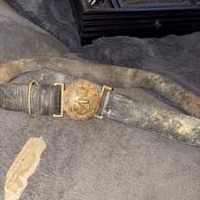 ROYAL NAVY OFFICERS QUEENS CROWN BRASS BUCKLE  Leather Belt Antique