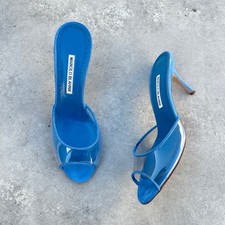 Manolo Blahnik | Authentic Vintage Blue Suede Leather Clear Lucite Mules (38)
