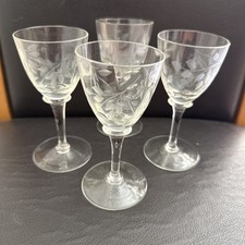 Vintage Etched Glass Dessert Wine Glasses X4 Vines Leaves 5”