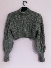 Zara Women's Pullover Jumper Cable Knit Cropped Puff Sleeve Size S Grey