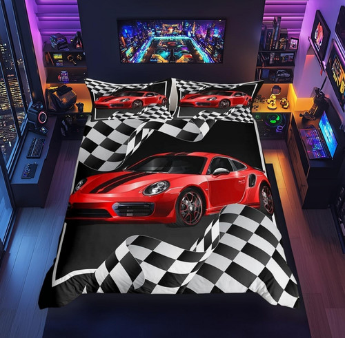 Red race car duvet - race,