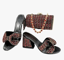 Rhinestone Banquet Shoes and Small Bag Set with Square Heel