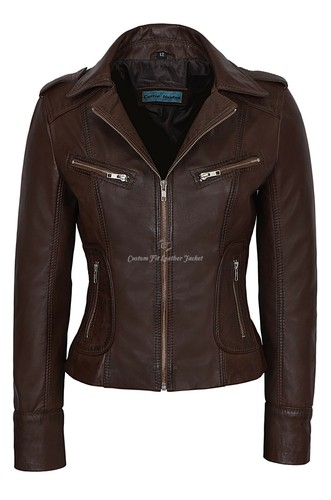 Ladies leather jacket brown - leather,