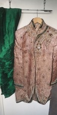 Full Men's Sherwani Indian Wedding Outfit + Trousers Attire Peach/Gold/Green