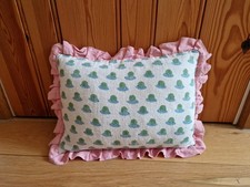 Molly Mahon Frill Cushion Berry Print in Grass / Sky Linen Pink Ruffle