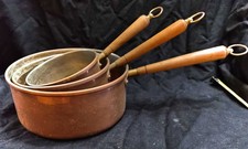 Vintage Copper Saucepans x 3 with wooden handles