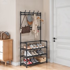 Coat Stand 8 Hooks w/ Shoe Rack Hat Jacket Umbrella Hanging Rail Floor Standing 