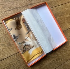 Hermes silk scarf, A PROPOS DE BOTTES in beige, with original box